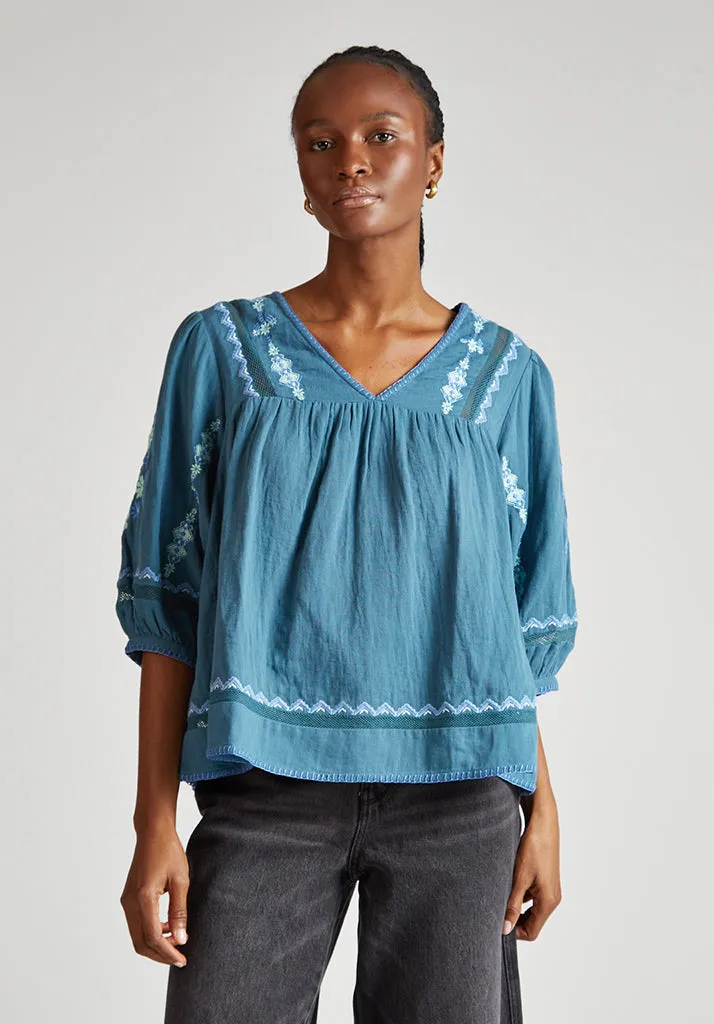 Alice V-Neck Embroidered Blouse In Blue