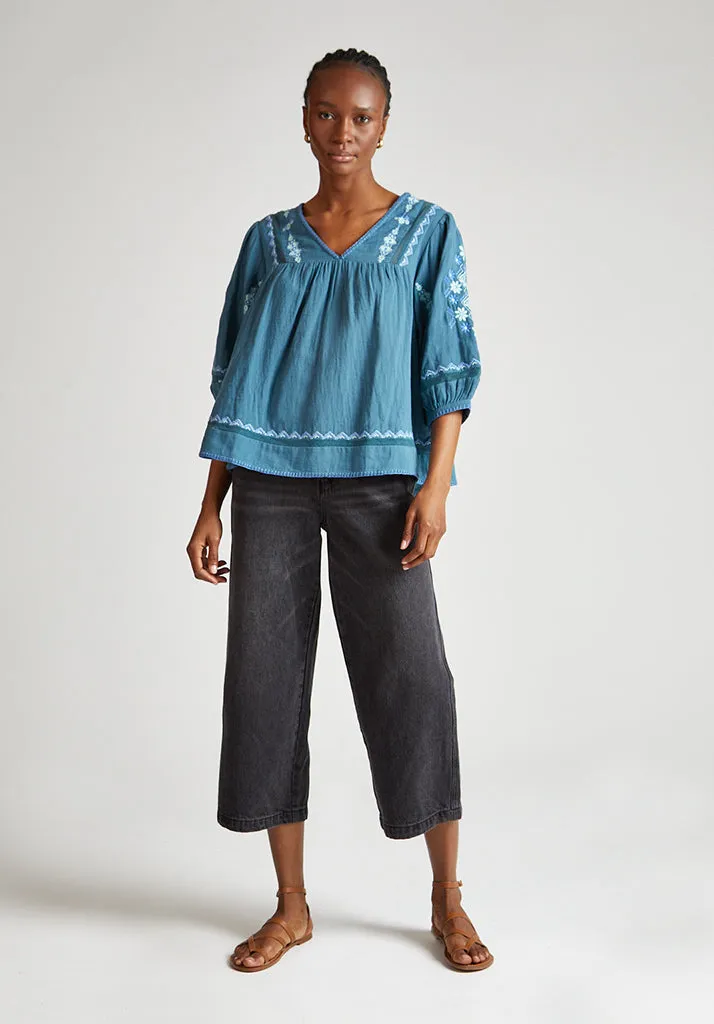 Alice V-Neck Embroidered Blouse In Blue
