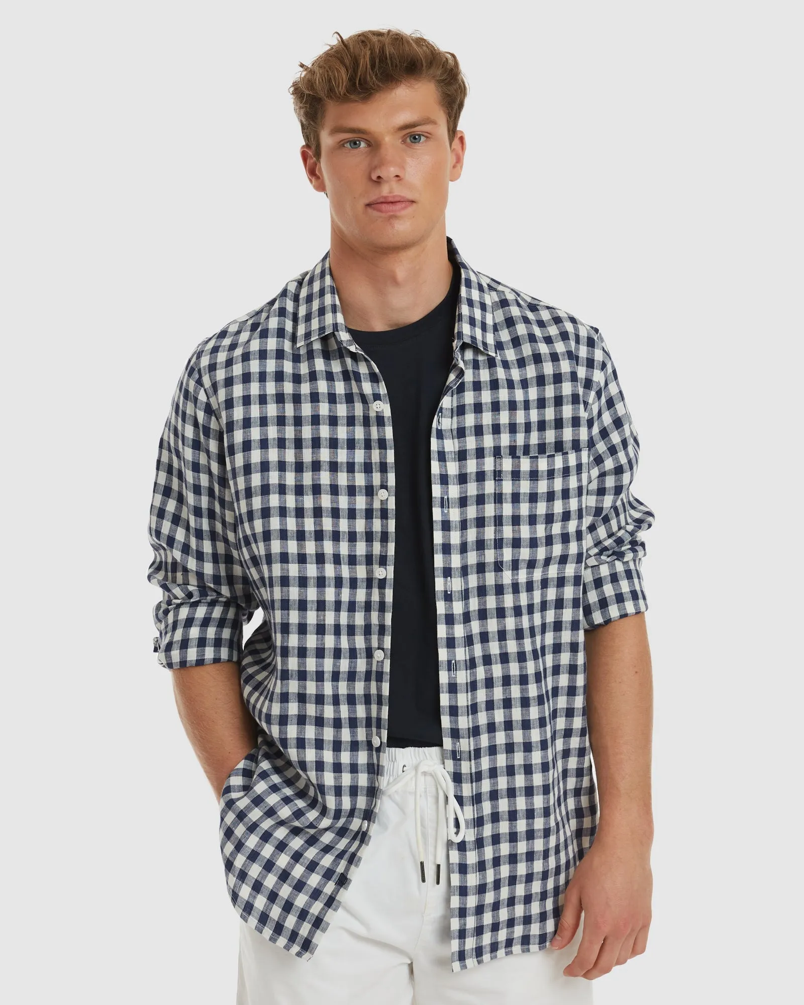 Antibes Blue Gingham Linen Shirt - Casual Fit