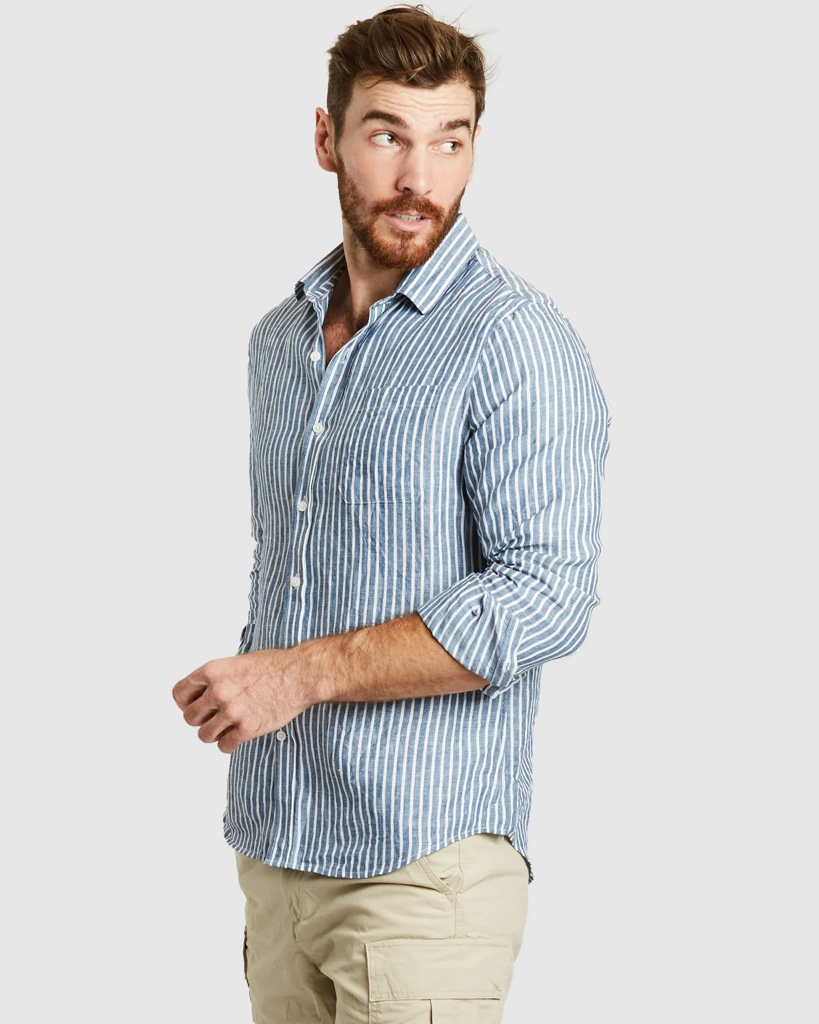 Antibes Dark Blue Stripes Linen Shirt - Casual Fit