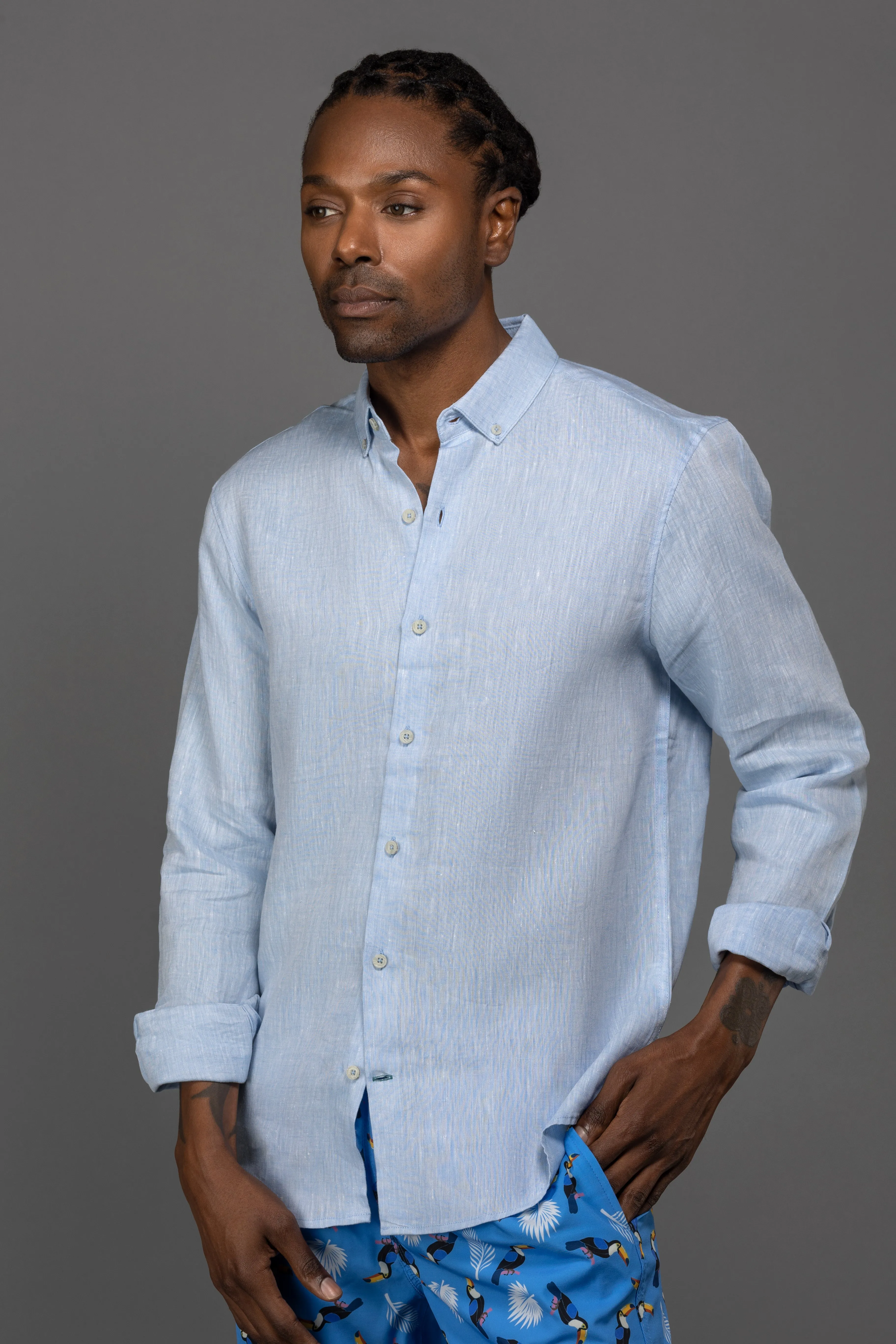 Aqua Marine Long Sleeve Linen Sport Shirt