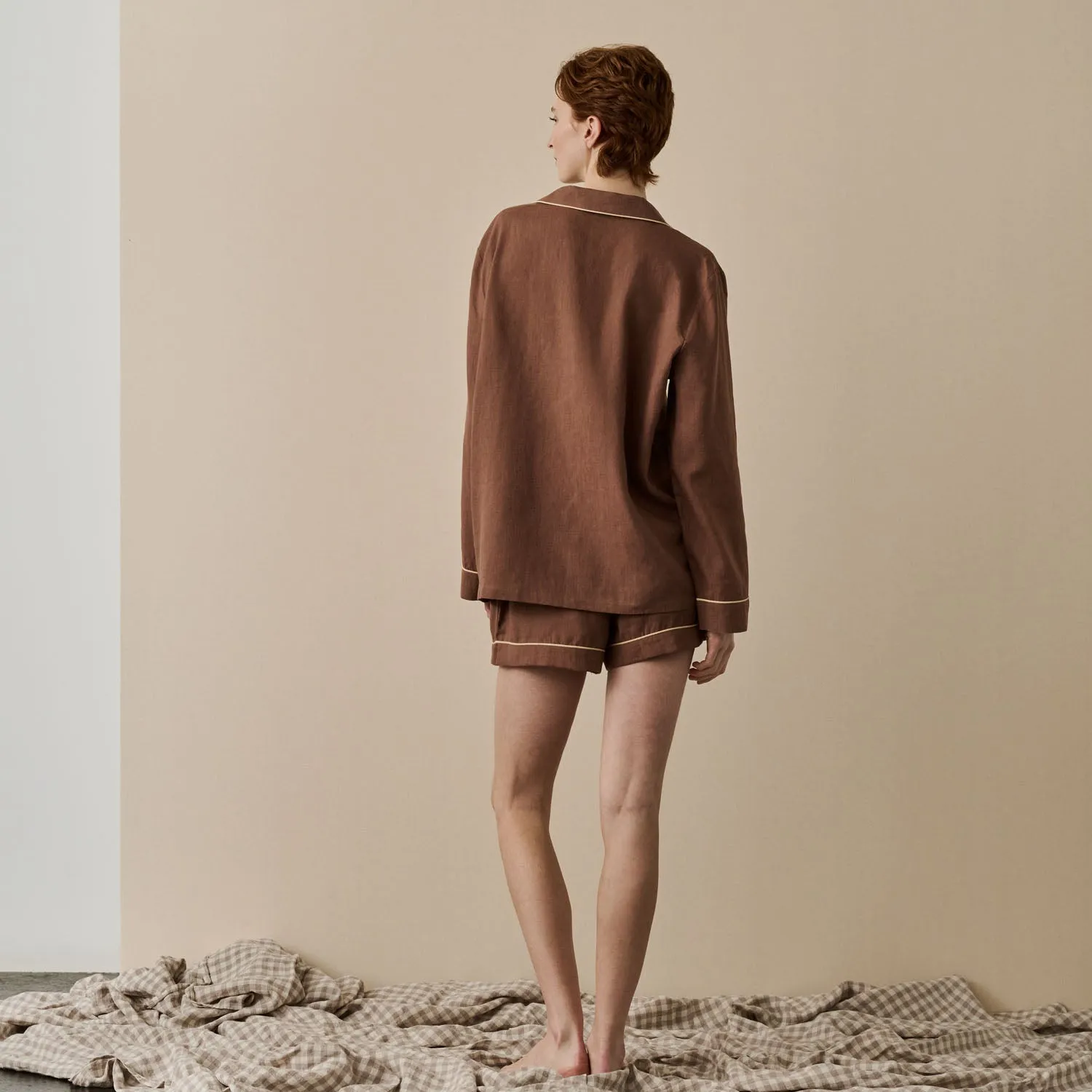 Barley Brown Linen Tencel Pyjama Shorts Set