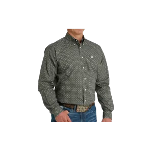 Cinch Men's Medallion Print Button Down Long Sleeve Olive Shirt