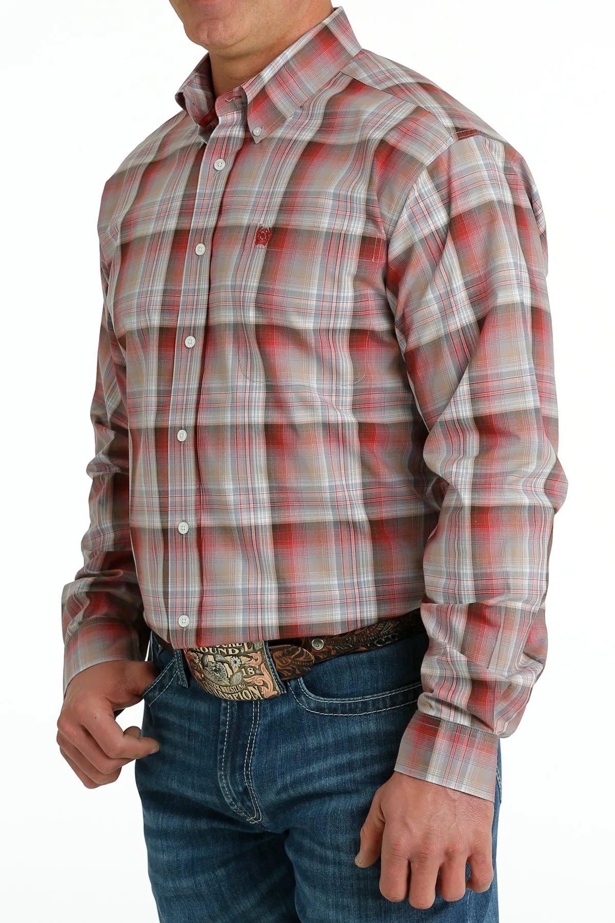Cinch Men's Plaid Button Down Western Red Khaki Brown Shirt