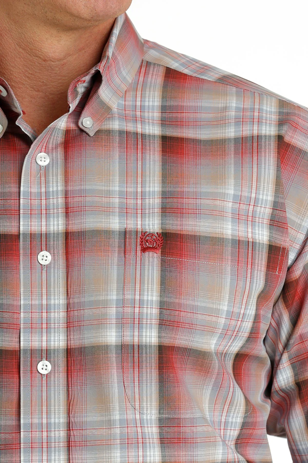 Cinch Men's Plaid Button Down Western Red Khaki Brown Shirt
