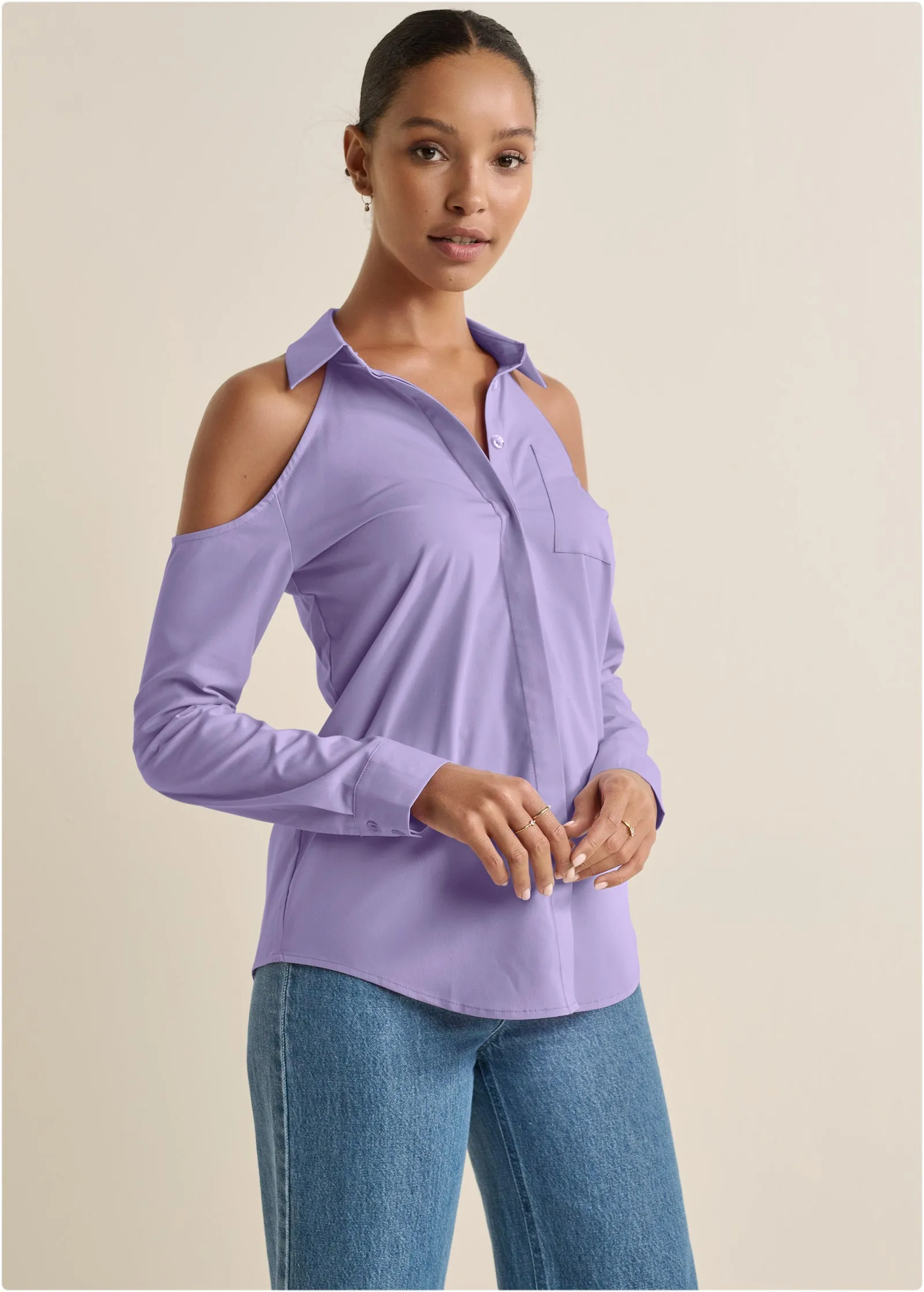 Cold-Shoulder Button-Up Top - Purple