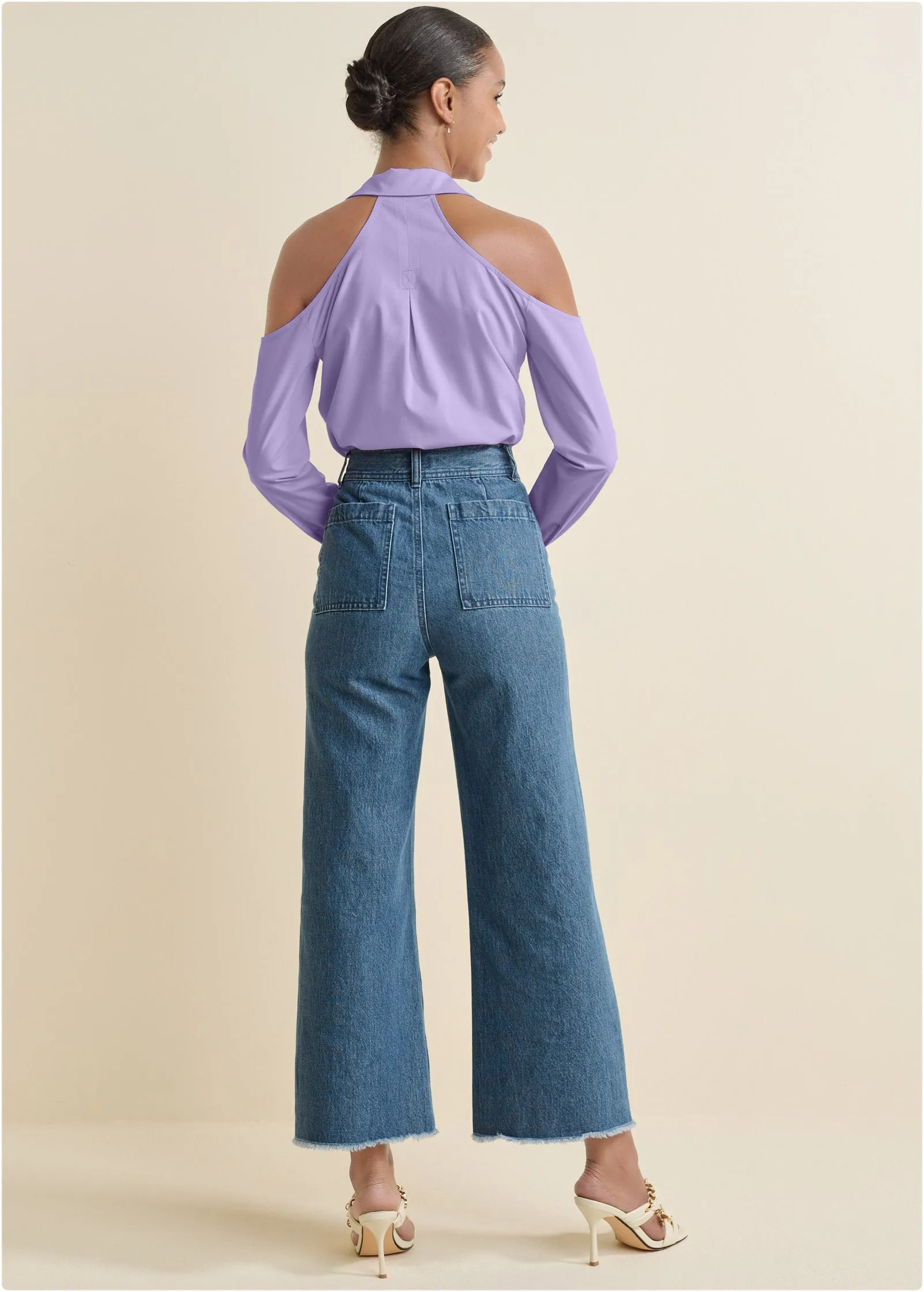 Cold-Shoulder Button-Up Top - Purple