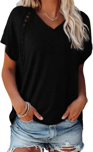 EVALESS Womens Fashion Oversized Summer Tops Casual Short Sleeve V Neck Lace Patchwork Shirts 2025 Basic T-Shirts Tee Blouses