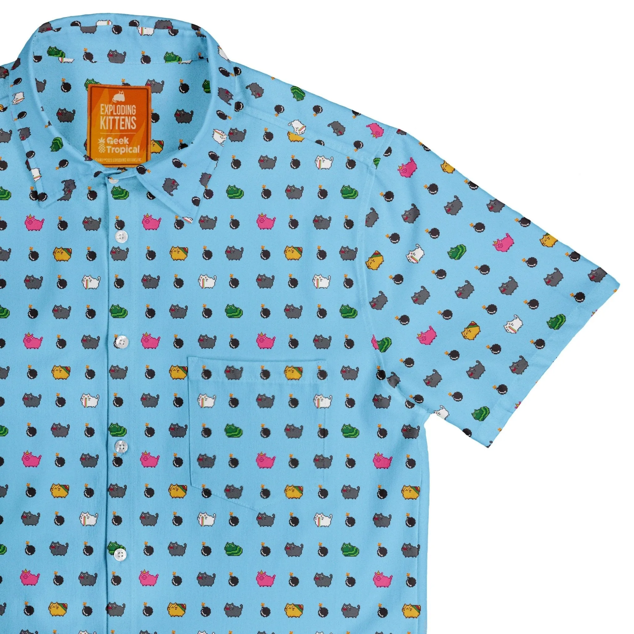 Exploding Kittens Pixel Cats Sky Blue Button Up Shirt