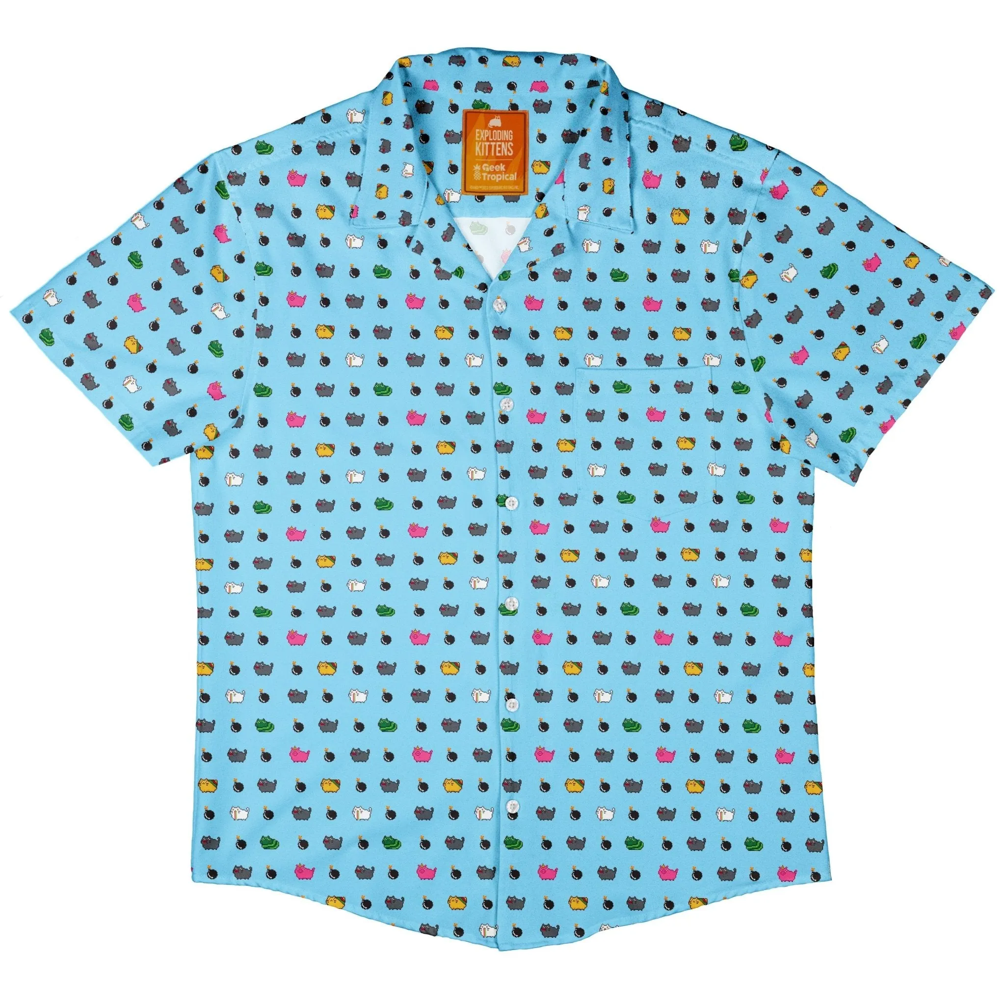 Exploding Kittens Pixel Cats Sky Blue Button Up Shirt