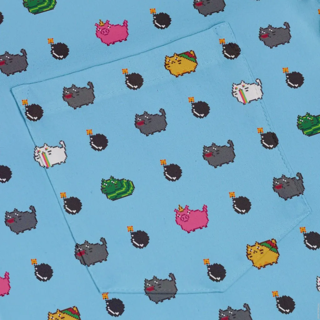 Exploding Kittens Pixel Cats Sky Blue Button Up Shirt