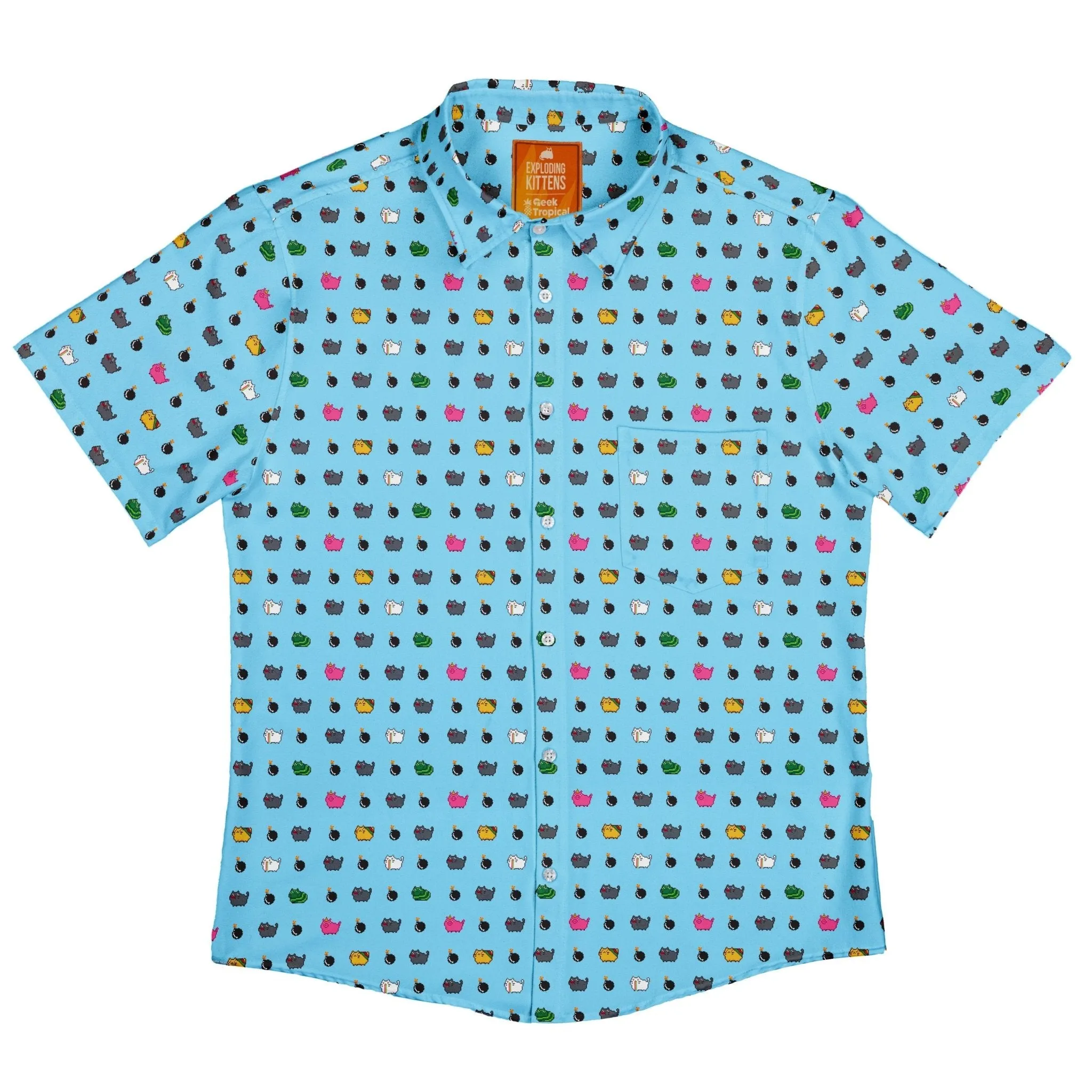 Exploding Kittens Pixel Cats Sky Blue Button Up Shirt