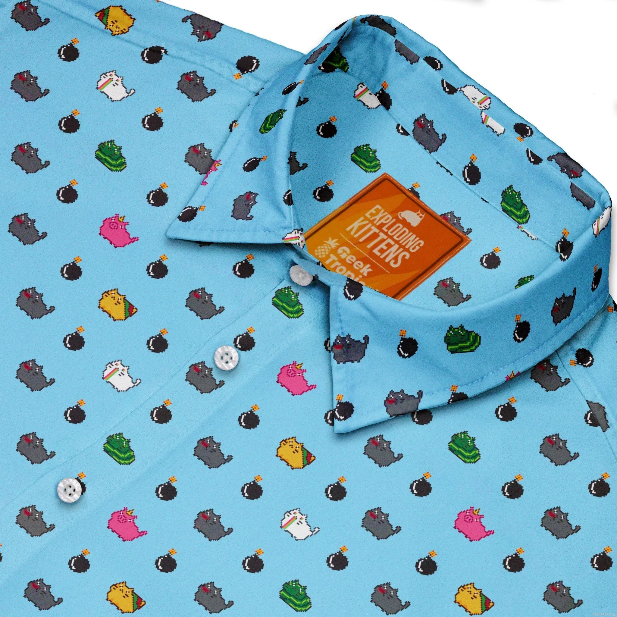 Exploding Kittens Pixel Cats Sky Blue Button Up Shirt