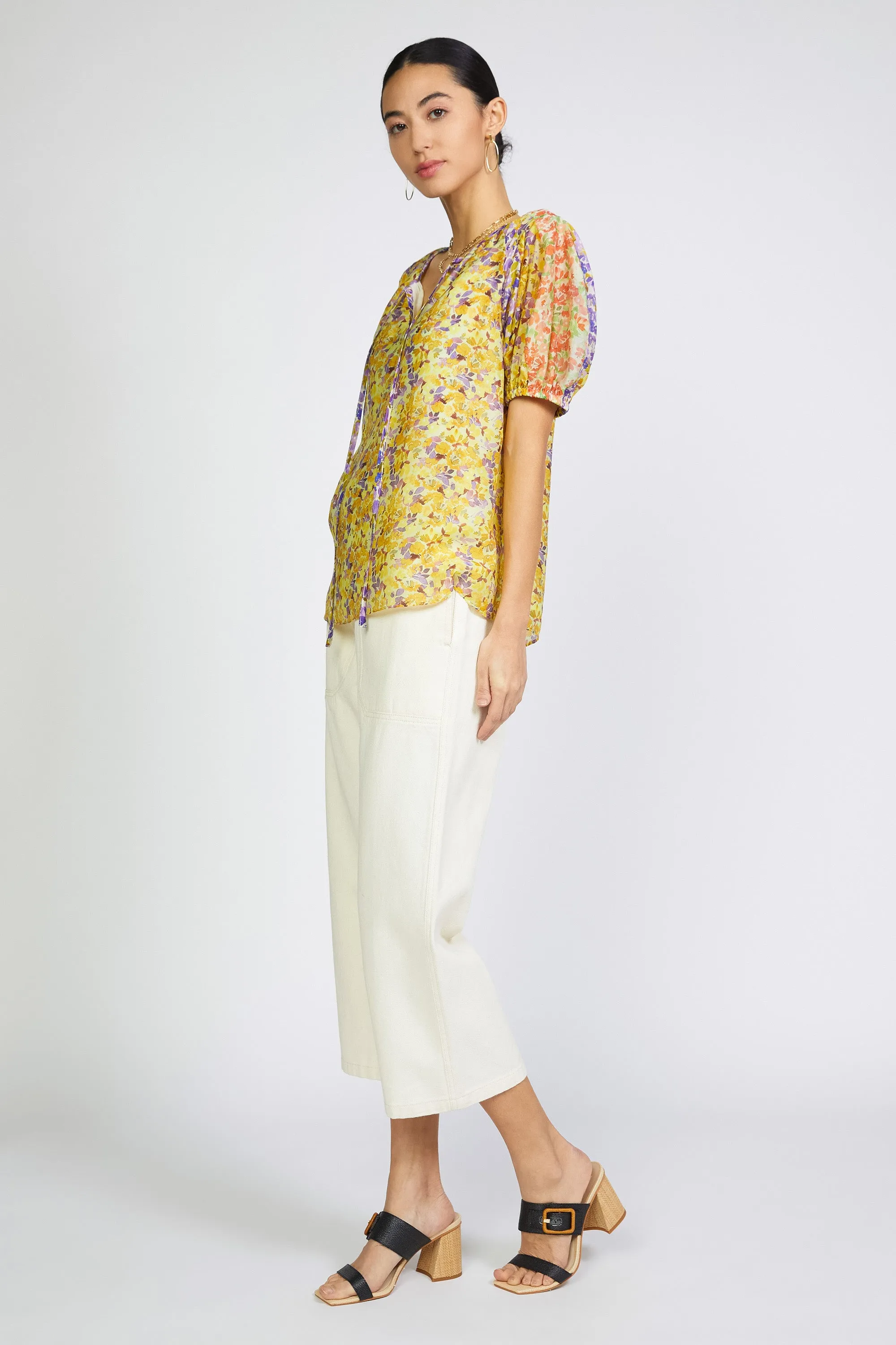 Floral Colorblock Split Neck Blouse
