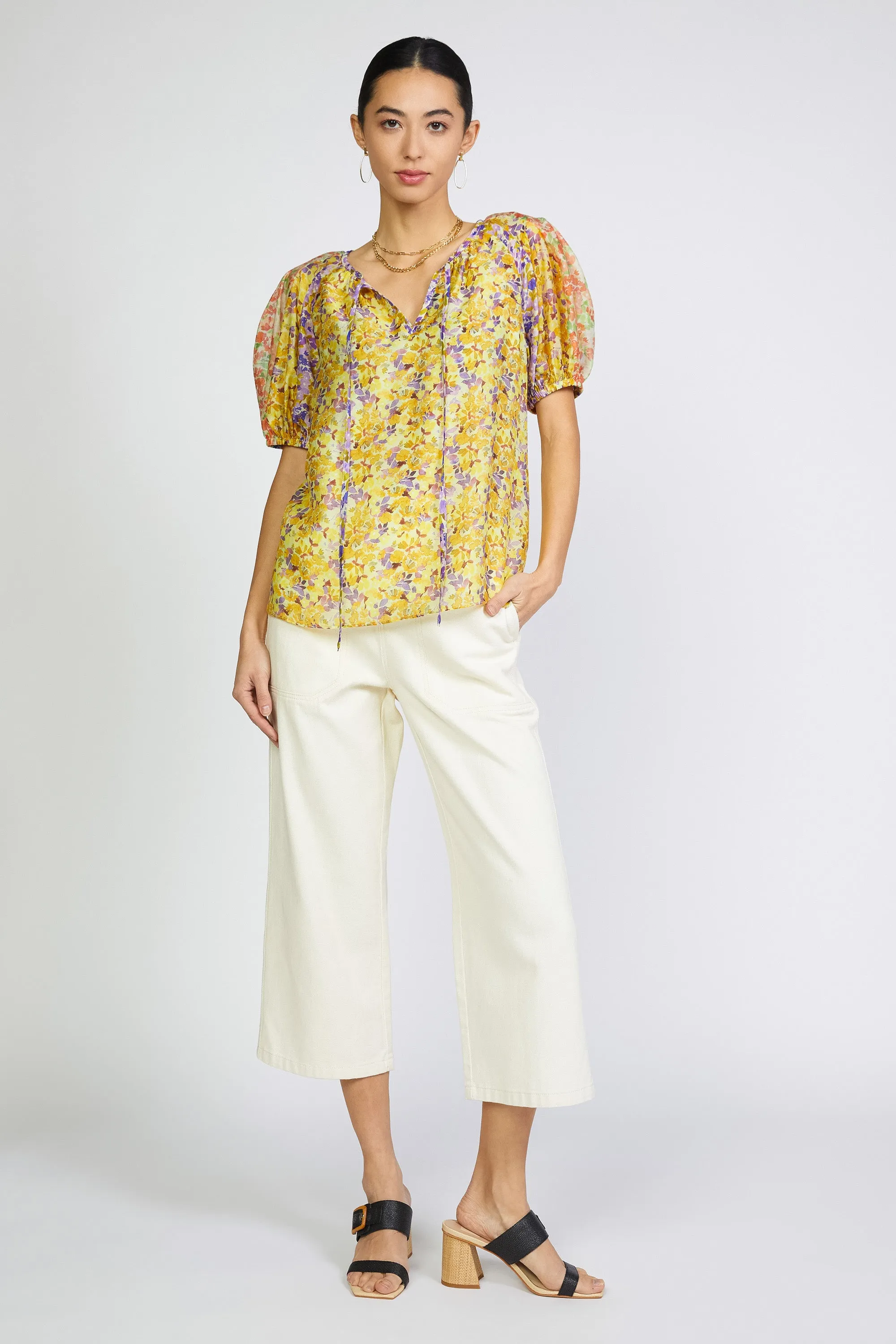Floral Colorblock Split Neck Blouse