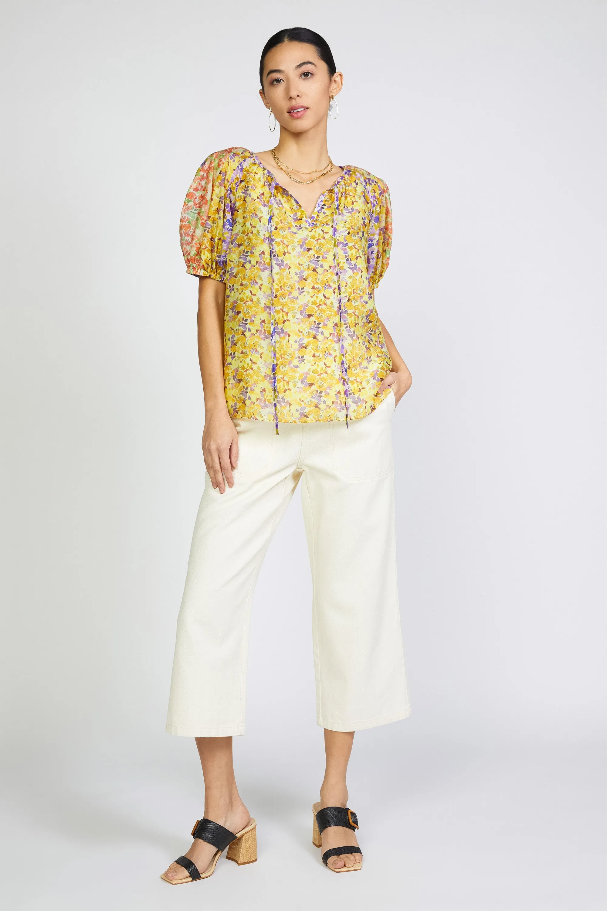 Floral Colorblock Split Neck Blouse