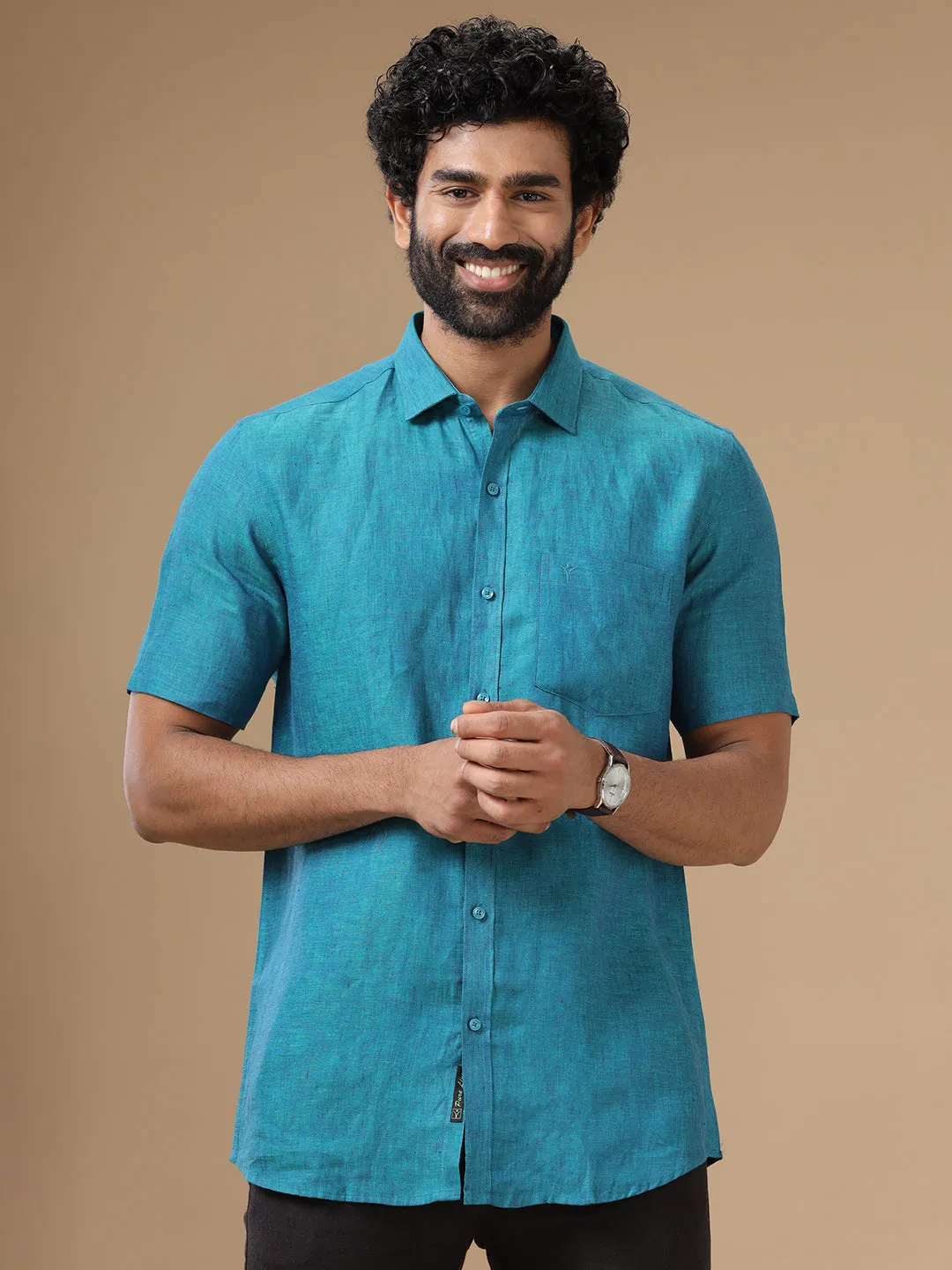 Men Pure Linen Shirt Blue - L70