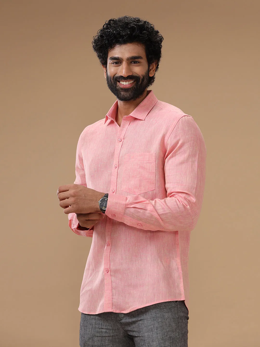 Men Pure Linen Shirt Pink - L73