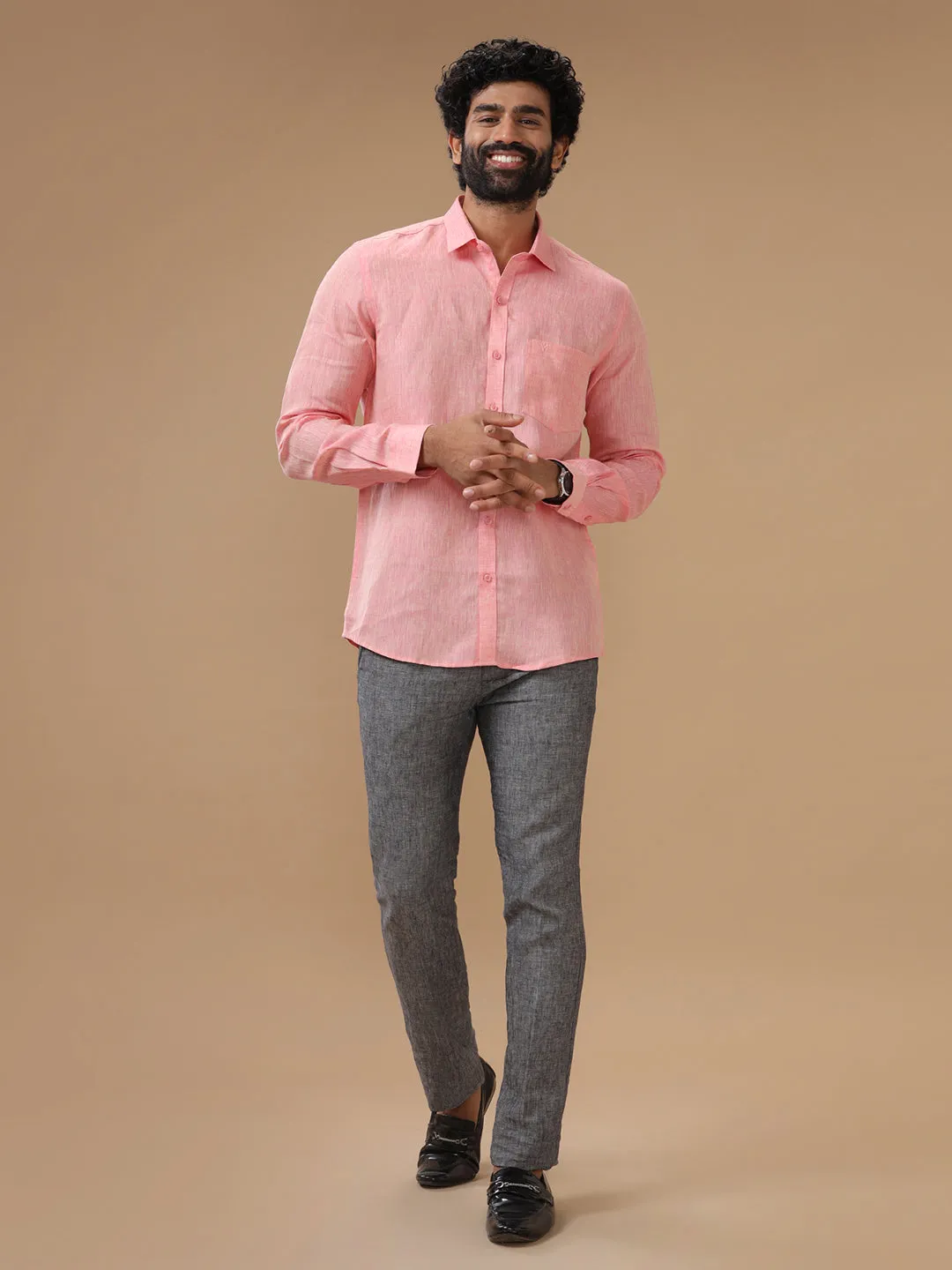 Men Pure Linen Shirt Pink - L73