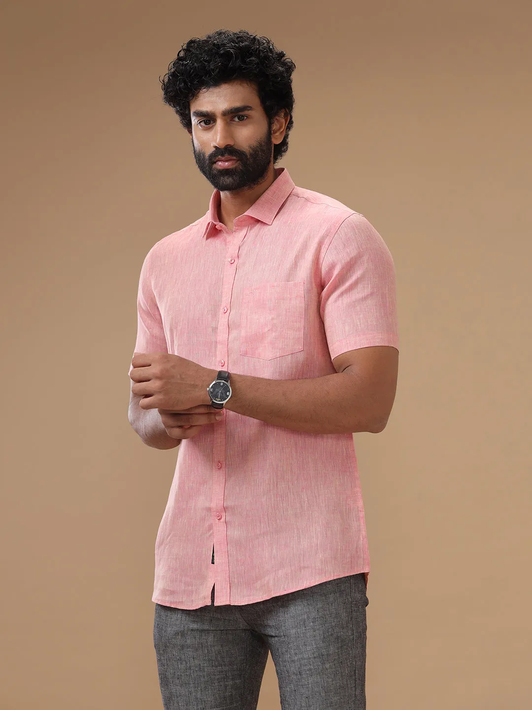 Men Pure Linen Shirt Pink - L73