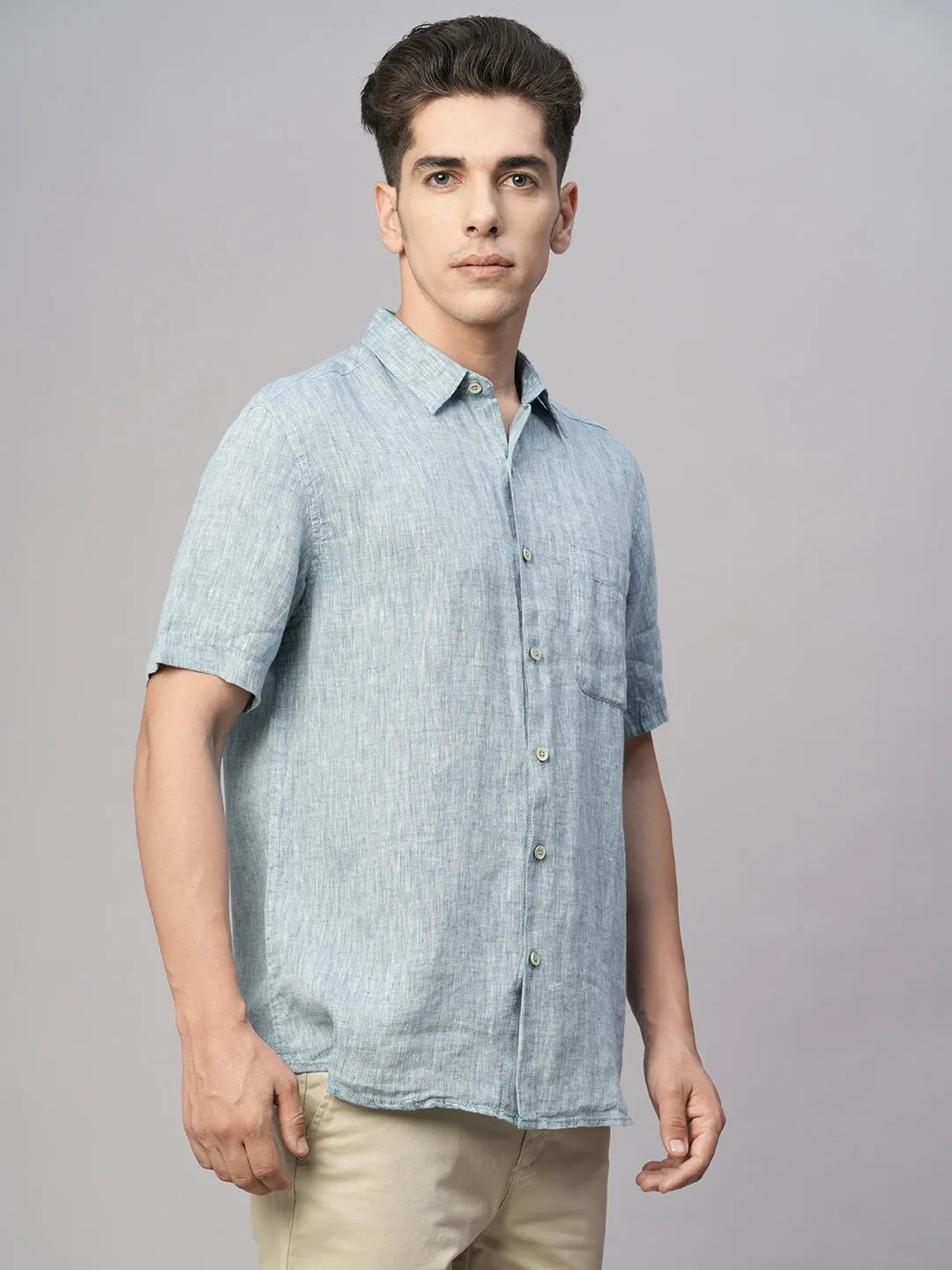 Men's Dk Blue 100% Linen Regular Fit Shirt