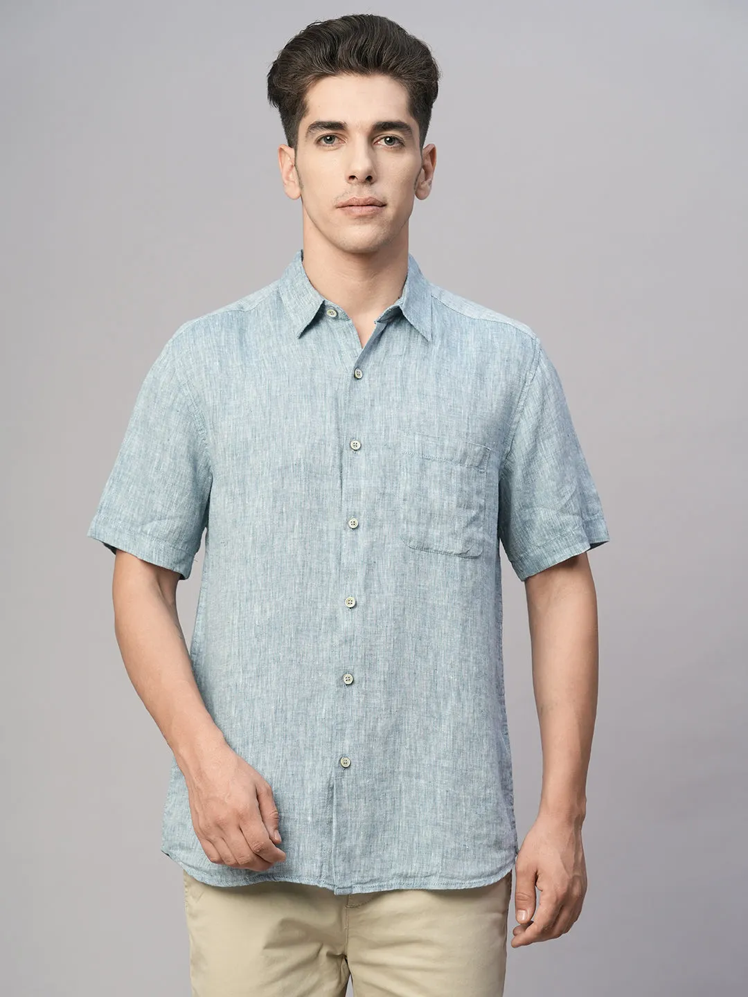 Men's Dk Blue 100% Linen Regular Fit Shirt