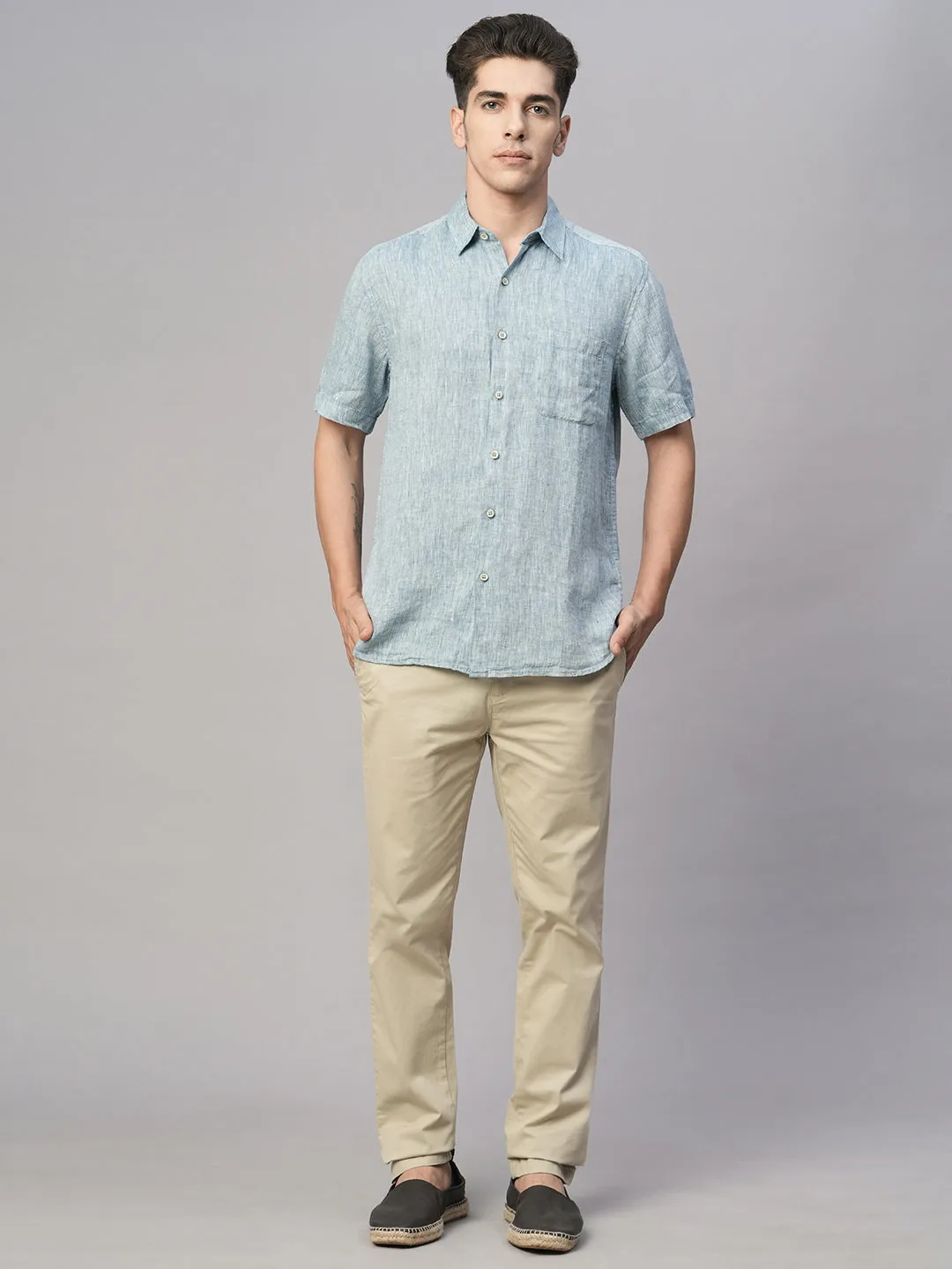 Men's Dk Blue 100% Linen Regular Fit Shirt