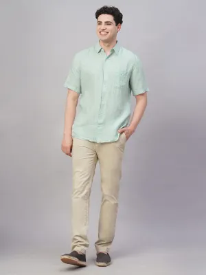 Men's Green 100% Linen Regular Fit Shirt