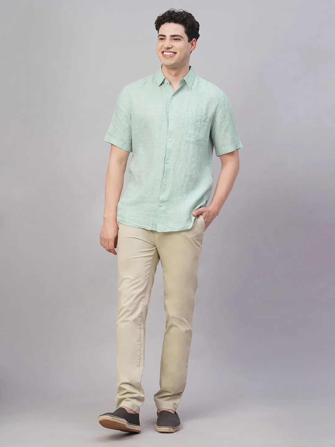 Men's Green 100% Linen Regular Fit Shirt