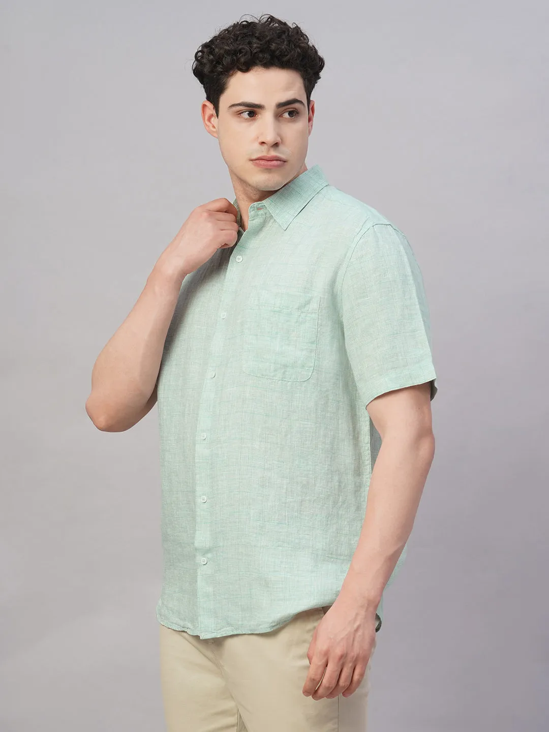 Men's Green 100% Linen Regular Fit Shirt