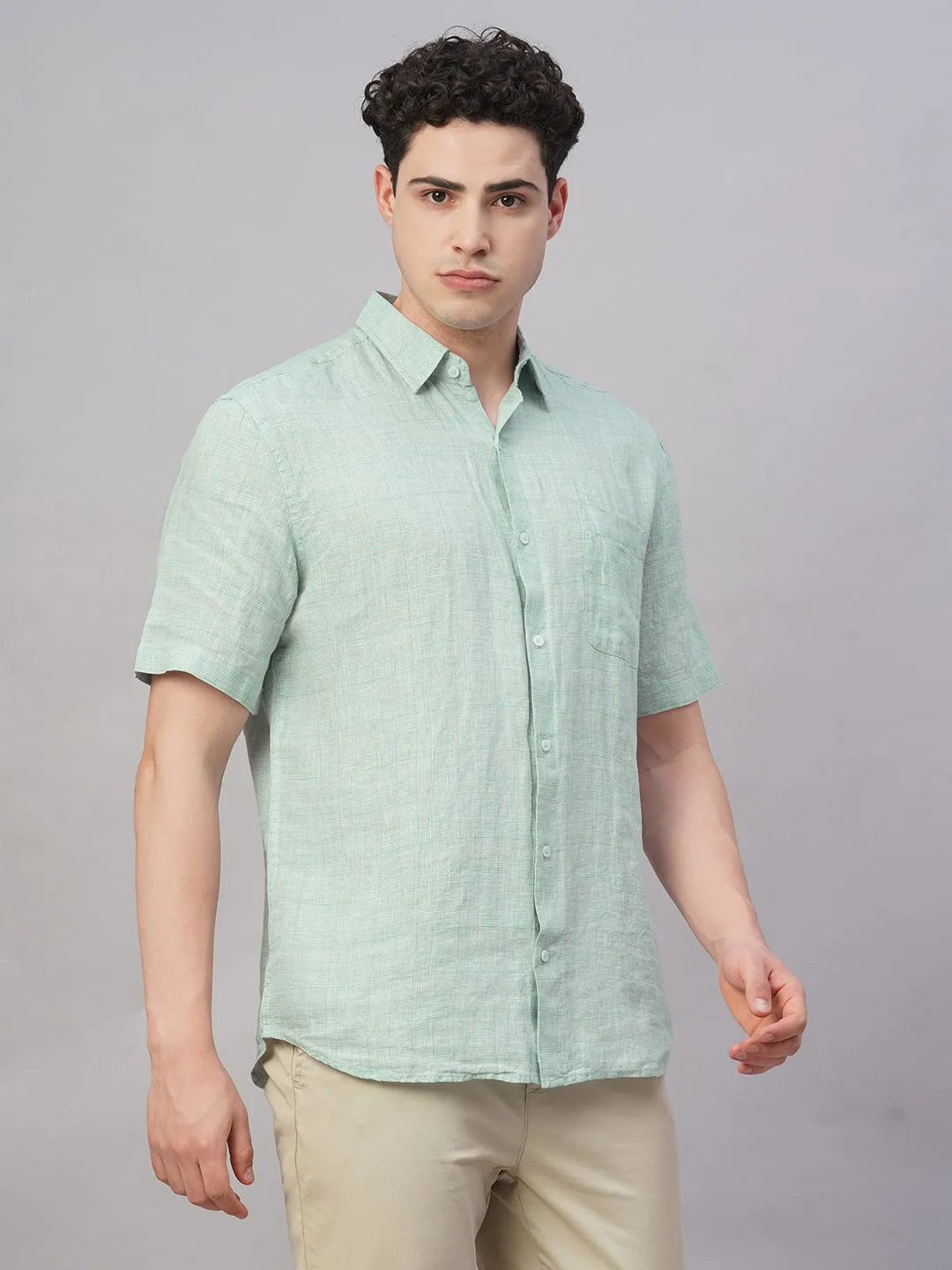 Men's Green 100% Linen Regular Fit Shirt