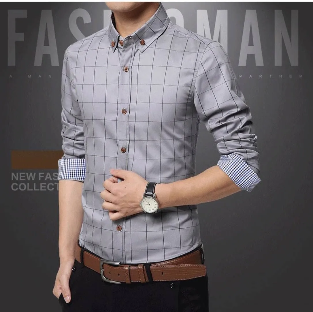 Men's Grey Cotton Checked Long Sleeves Regular Fit Casual Shirt