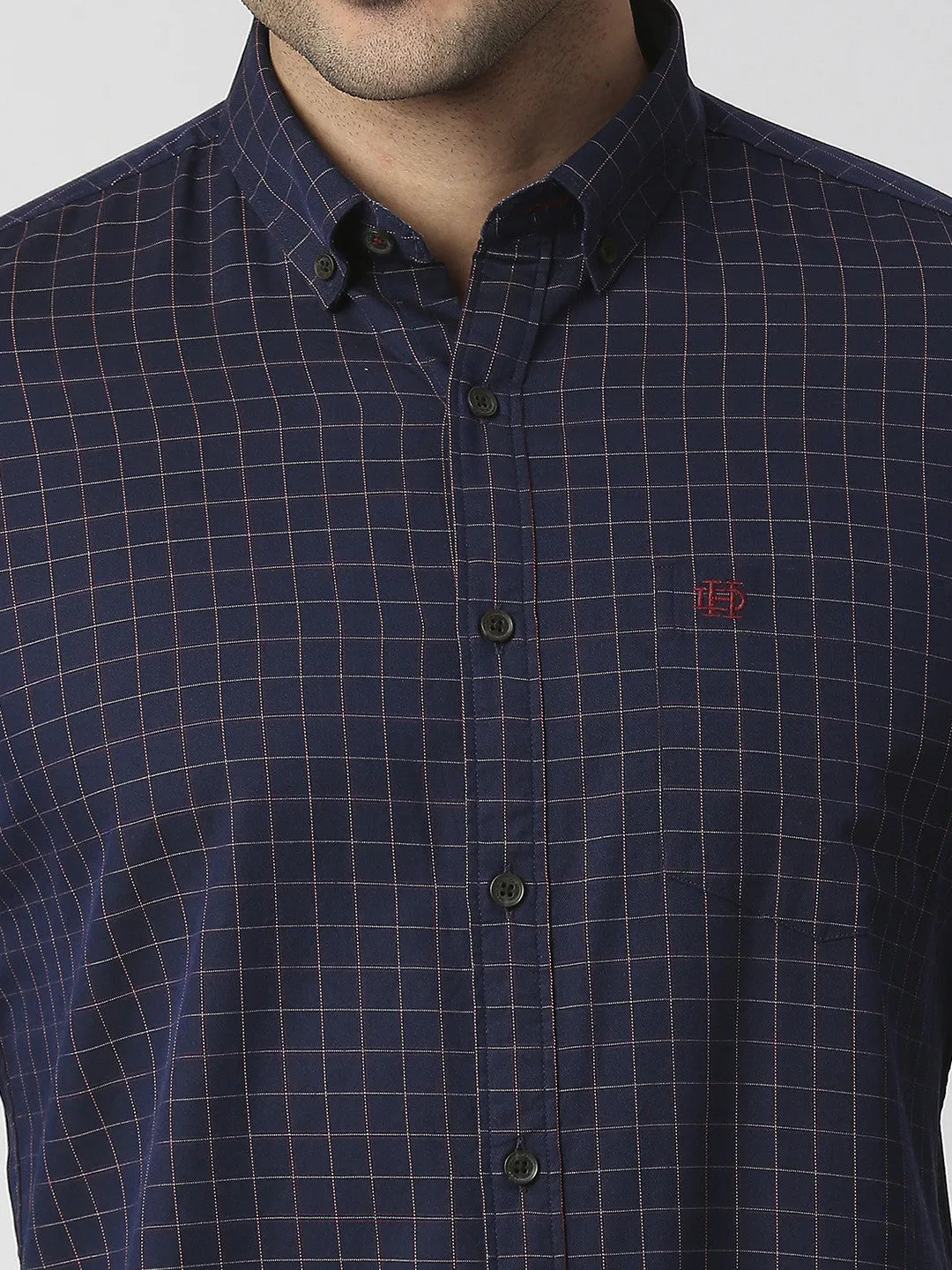 Navy Blue Checked Shirt With Pocket