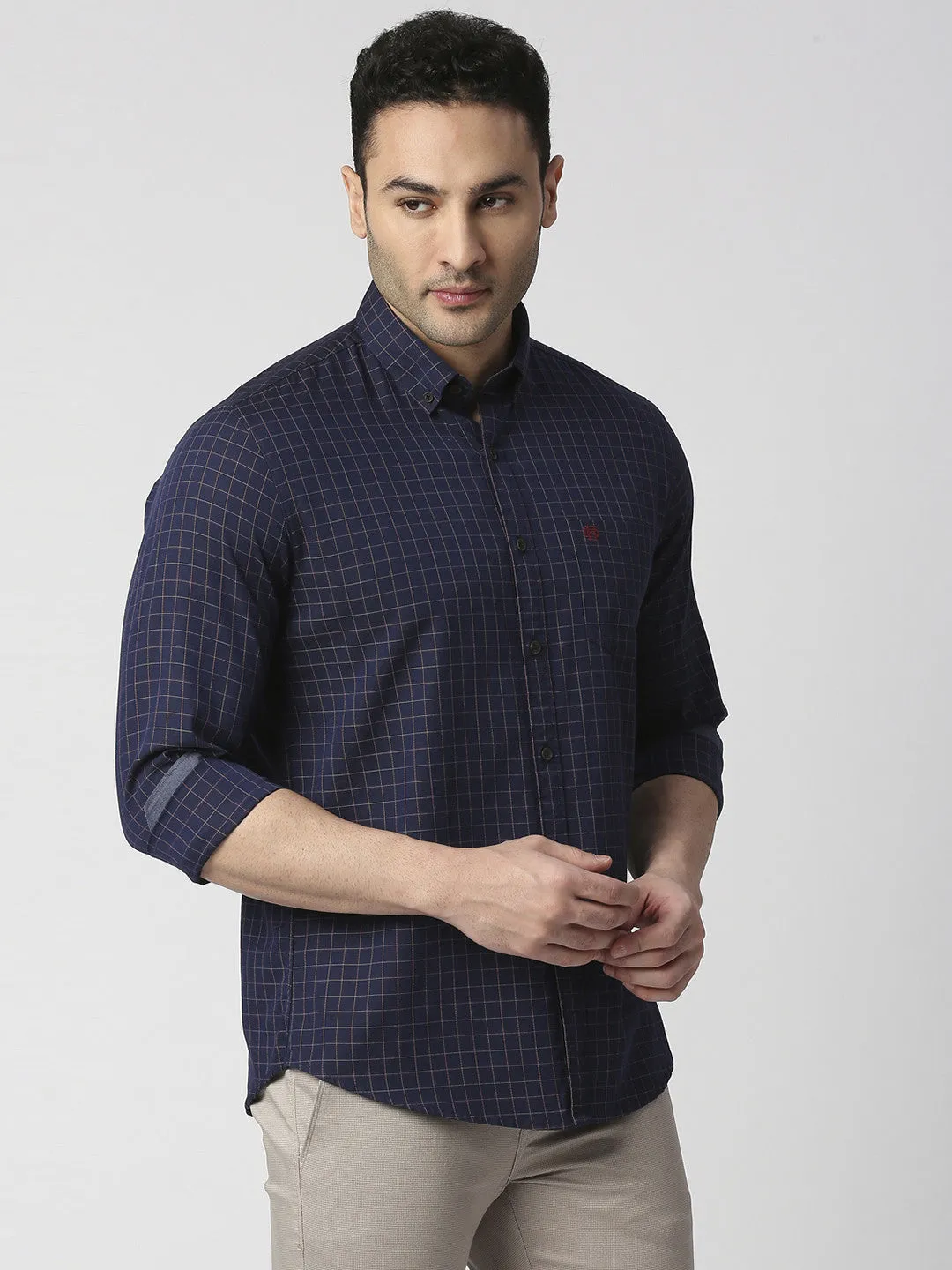 Navy Blue Checked Shirt With Pocket