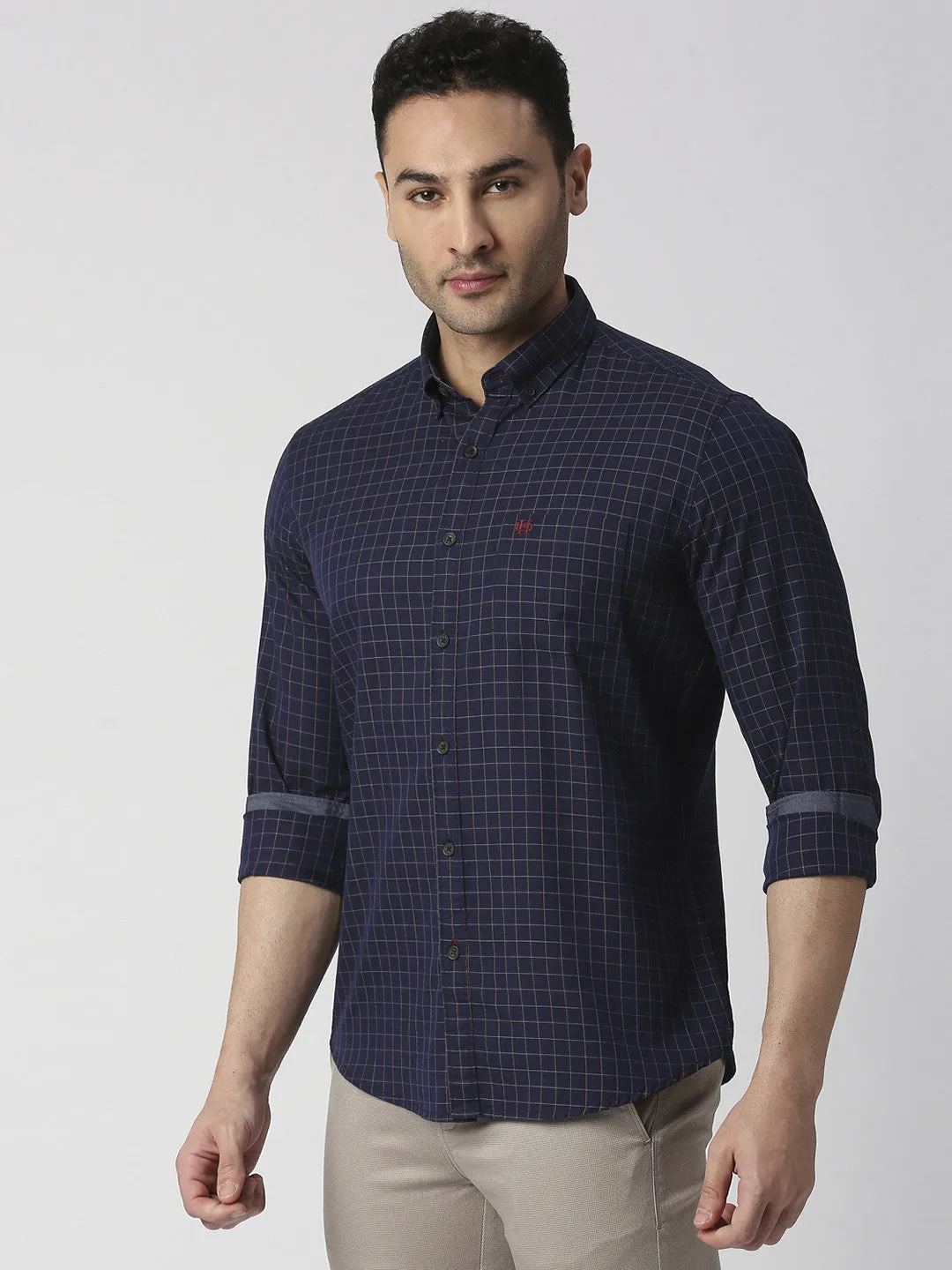 Navy Blue Checked Shirt With Pocket