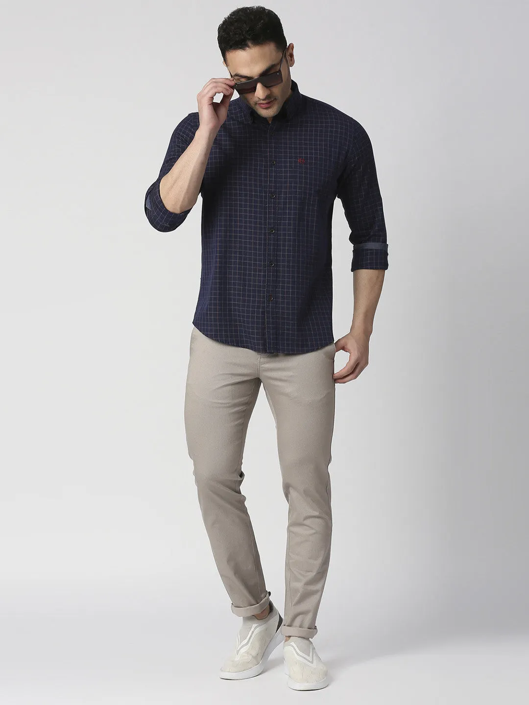 Navy Blue Checked Shirt With Pocket