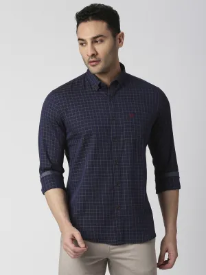 Navy Blue Checked Shirt With Pocket