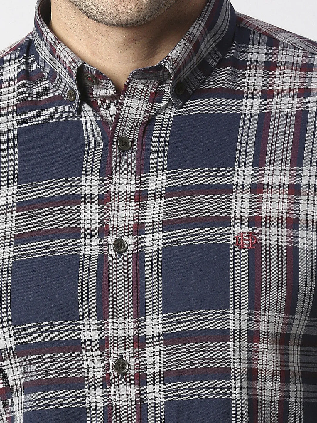 Navy Twill Stretch Checked Shirt With Button Down Collar