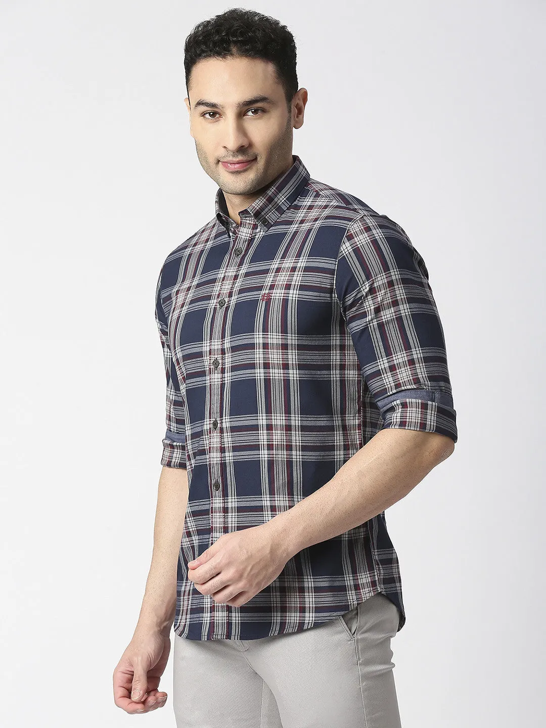 Navy Twill Stretch Checked Shirt With Button Down Collar