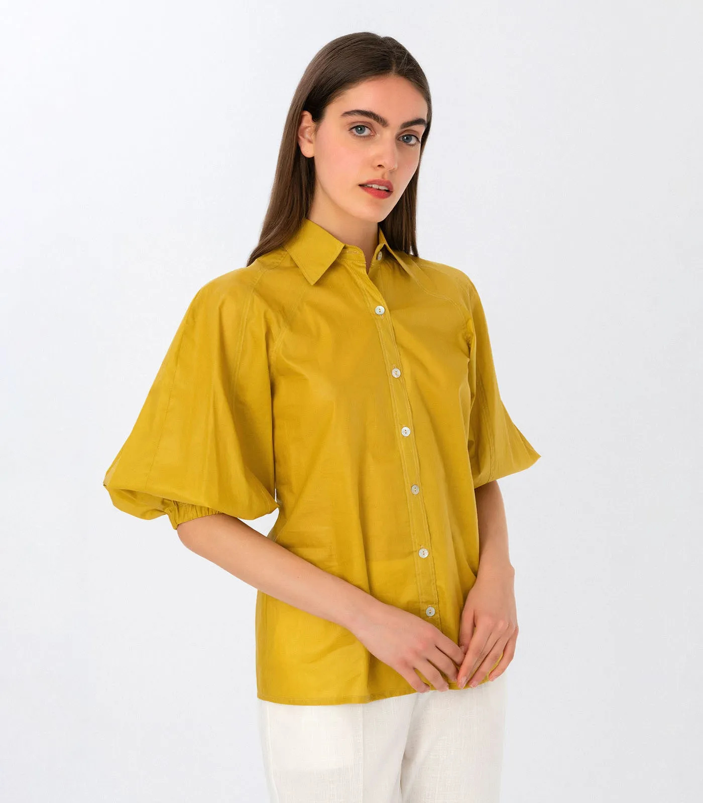 Olive Puff Sleeve Shirt Mustard Yellow