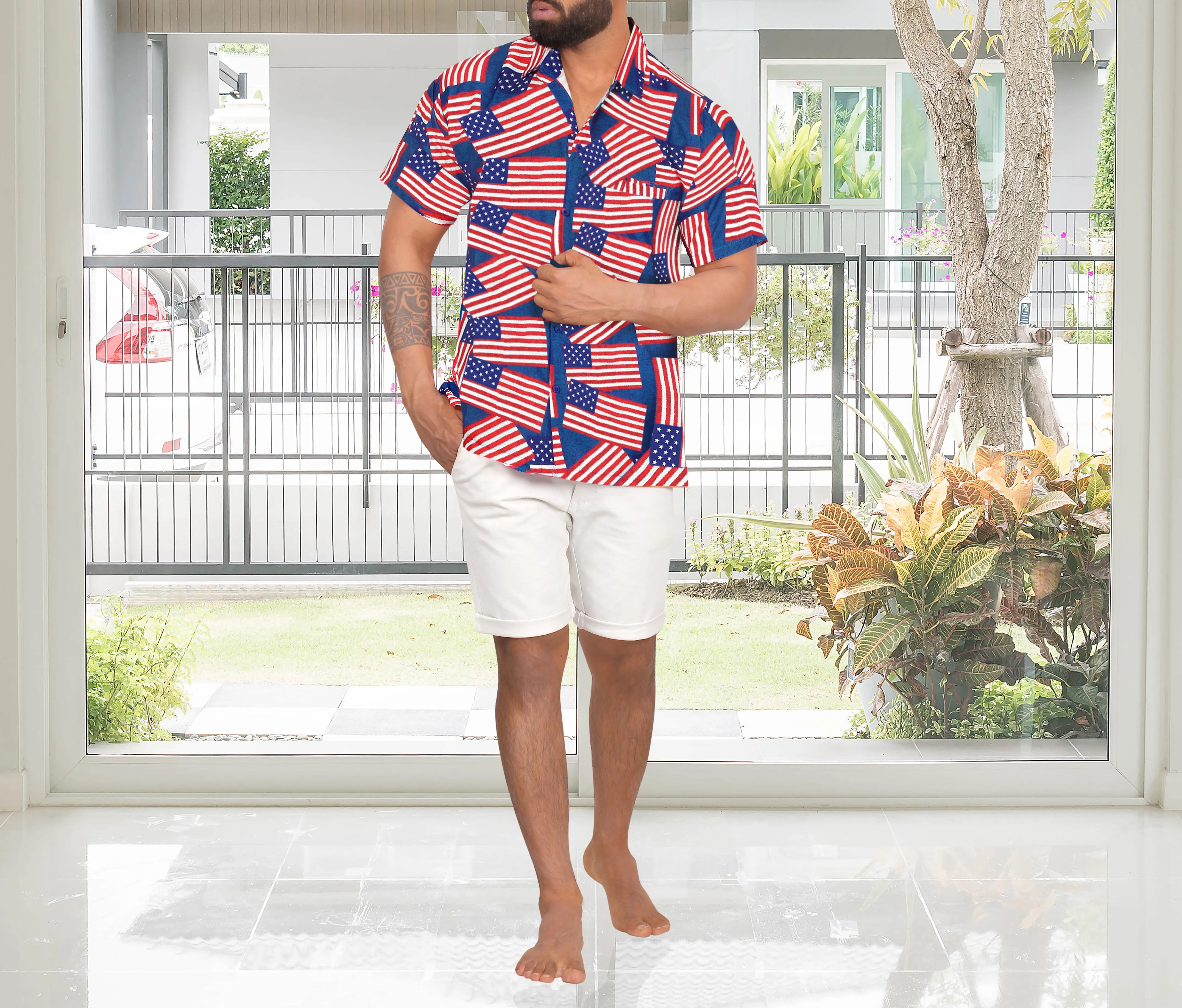 Patriotic American Flag Printed Hawaiian Beach Shirts For Men