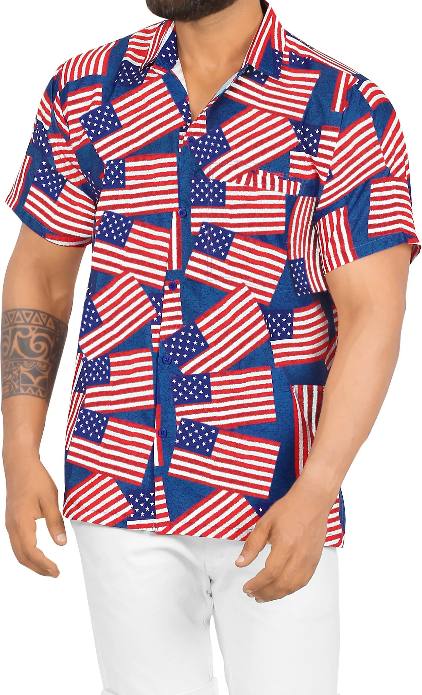 Patriotic American Flag Printed Hawaiian Beach Shirts For Men