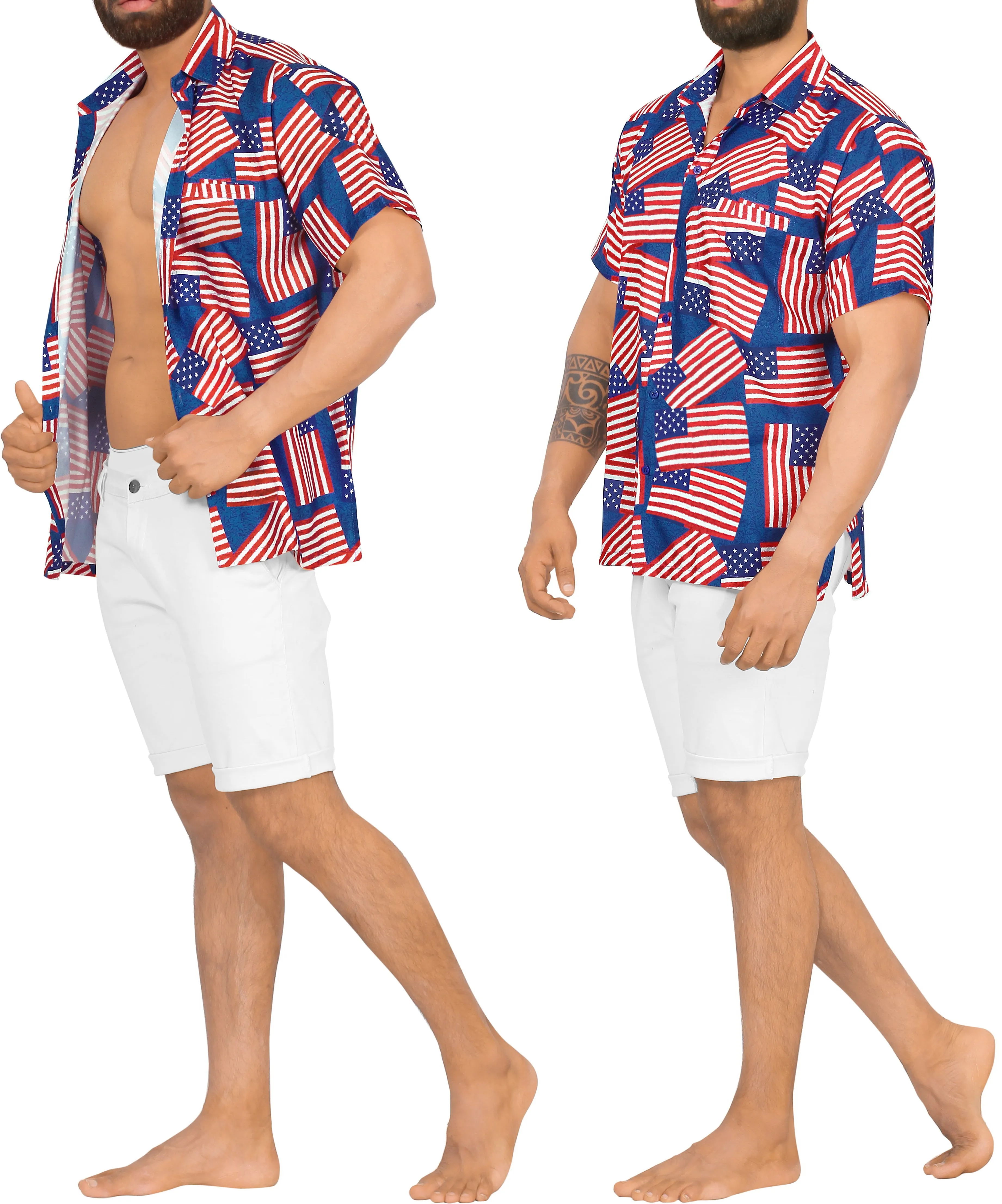 Patriotic American Flag Printed Hawaiian Beach Shirts For Men