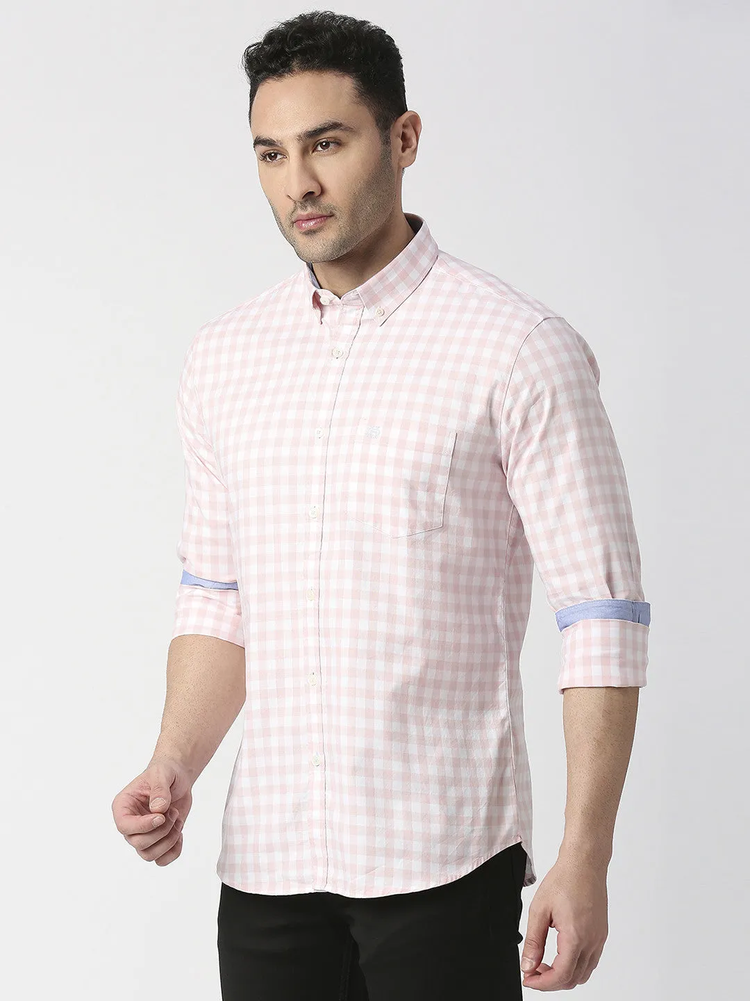 Pink Checked Oxford Shirt With Button Down Collar