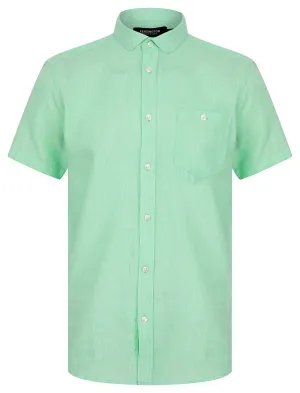 Portree Gingham Check Short Sleeve Cotton Linen Blend Shirt in Spearmint - Kensington Eastside