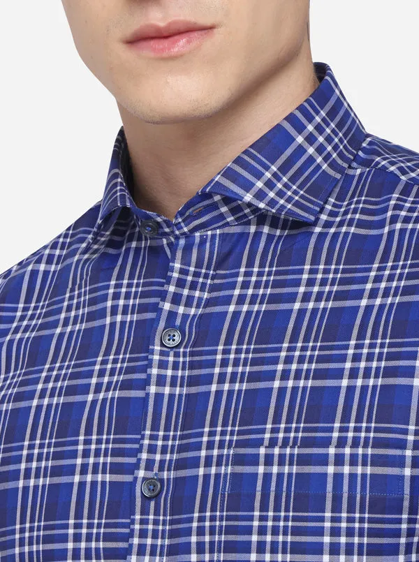 Royal Blue & White Checked Slim Fit Formal Shirt | JadeBlue