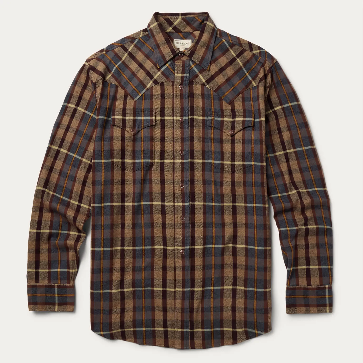 Stetson Men's L/S Brushed Flannel Western Snap Shirt in Brown Plaid