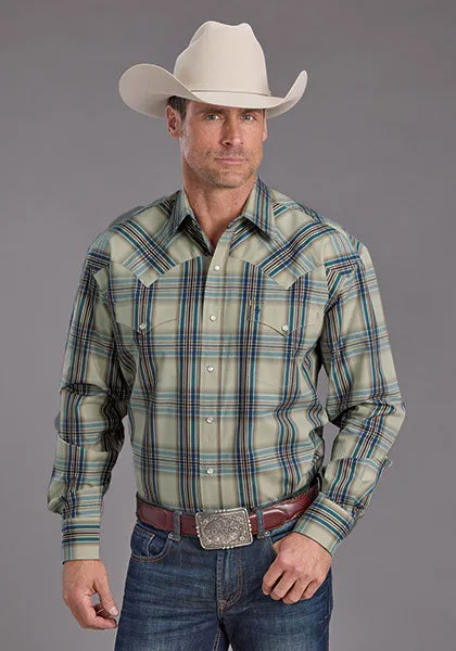 Stetson Men's L/S Vintage Indigo Plaid Western Snap Shirt in Blue