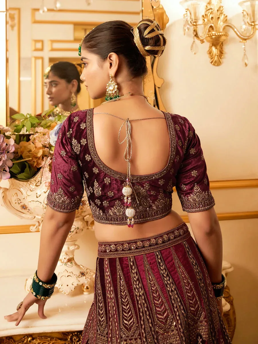 Stunning Lycra Velvet Codding Maroon Bridal Wear Lehenga Choli