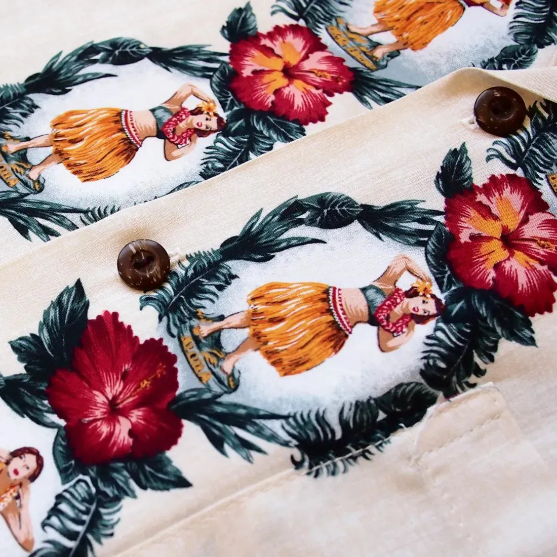 Vintage Hula Girl Cream Hawaiian Rayon Shirt